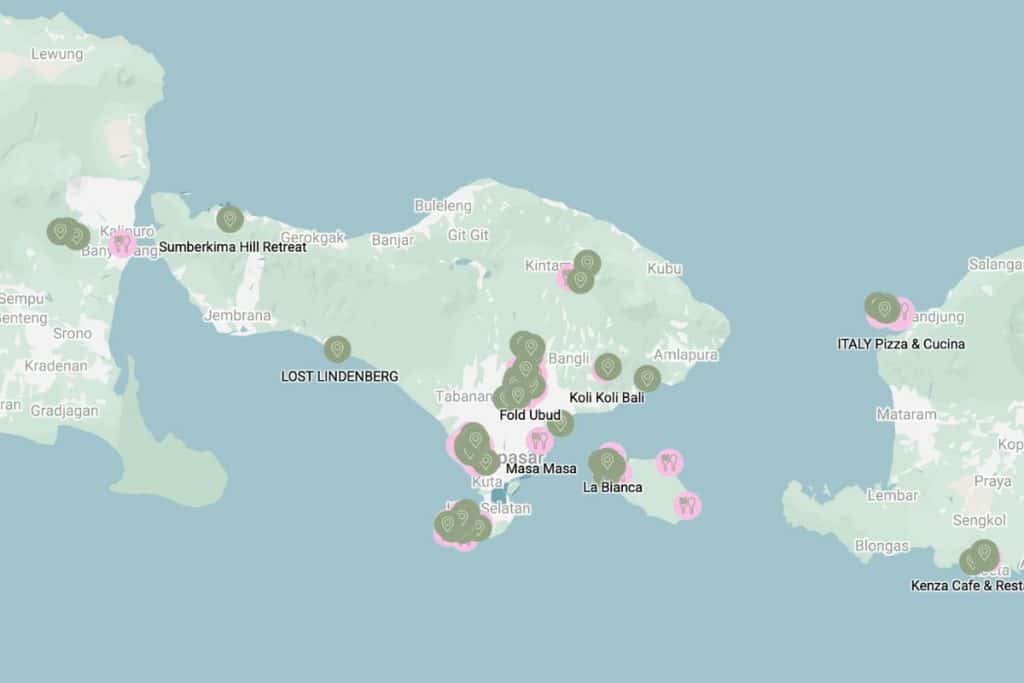 Stay In interactive map showing curated cafés, hotels, and shops in Bali