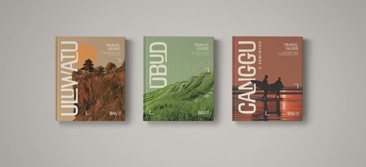 Mockup of Stay In travel guides for Canggu, Uluwatu, and Ubud against a neutral background