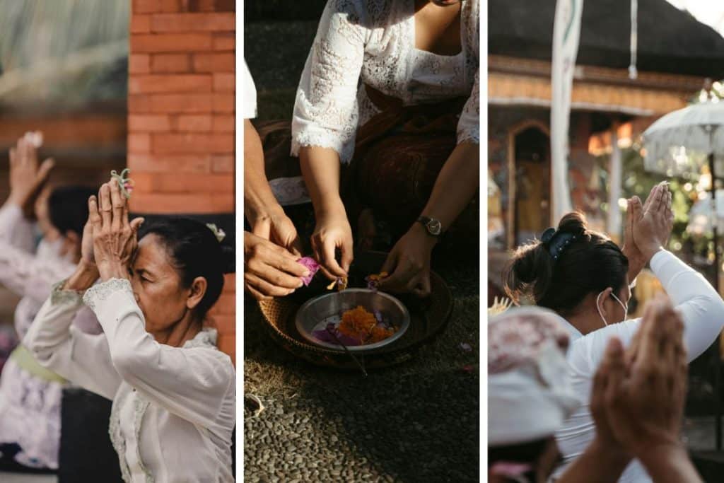 Three images showcasing traditional Balinese ceremony