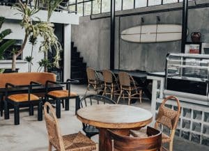 Interior of Suburbia café in Bali with coworking spaces and modern design