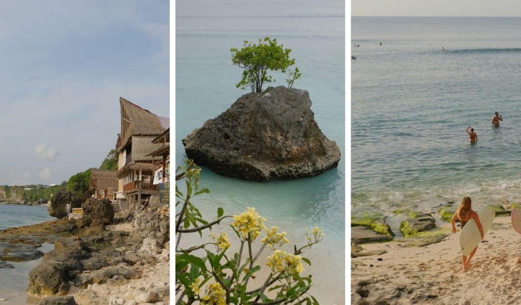 Bingin Beach – Surf and Relaxation in Uluwatu Bingin Beach in Uluwatu, Bali, with surfers catching waves near the shore.