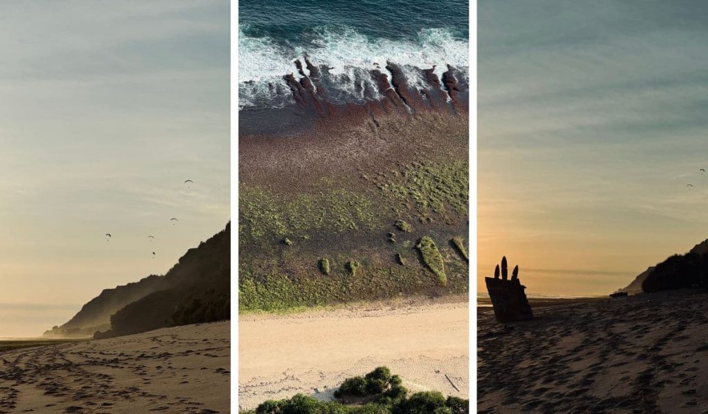 Nyang Nyang Beach – Scenic Coastal View Panoramic view of Nyang Nyang Beach in Uluwatu, Bali, with golden sand and lush green cliffs.