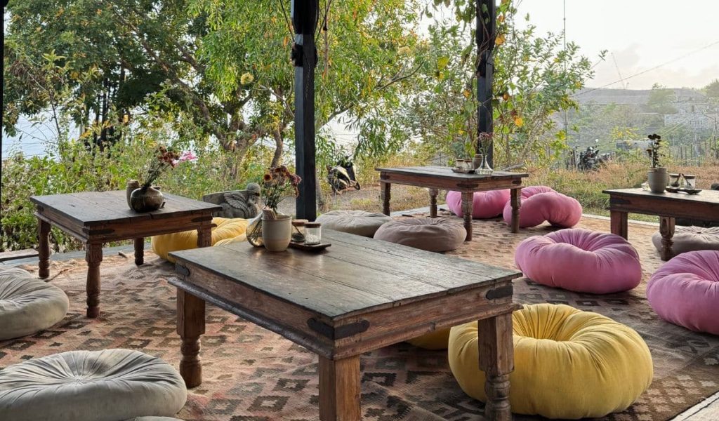 Calm Outdoor Setting Outdoor terrace with plants and rustic table