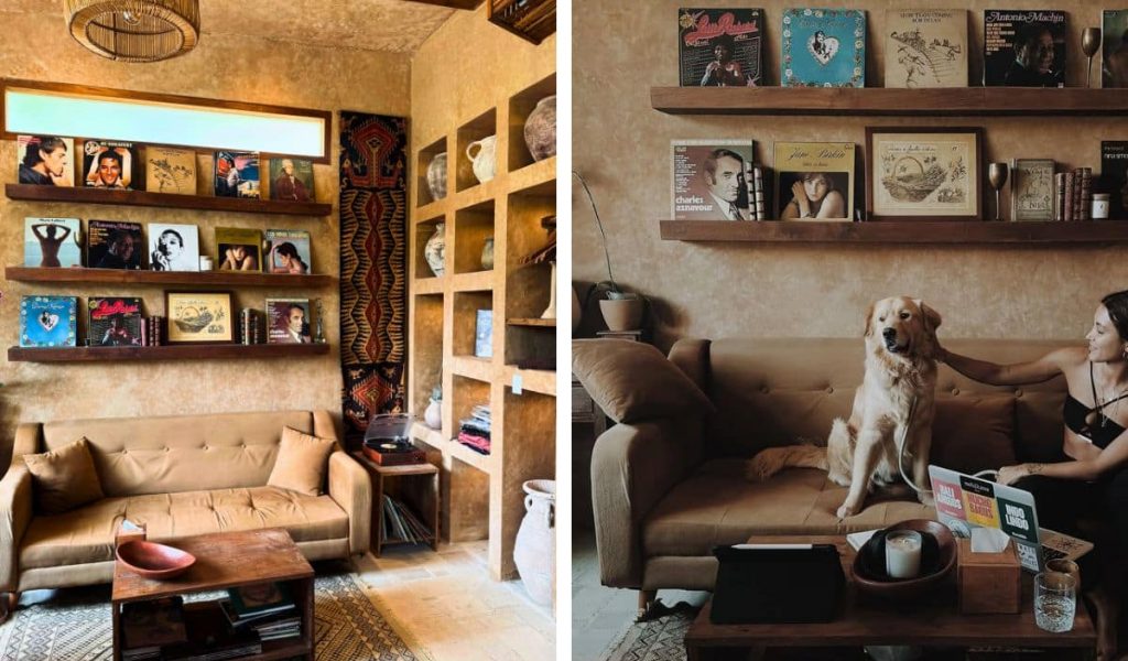 Fleur – Rustic and dog-friendly café in Bali Dog on the sofa area at Fleur café