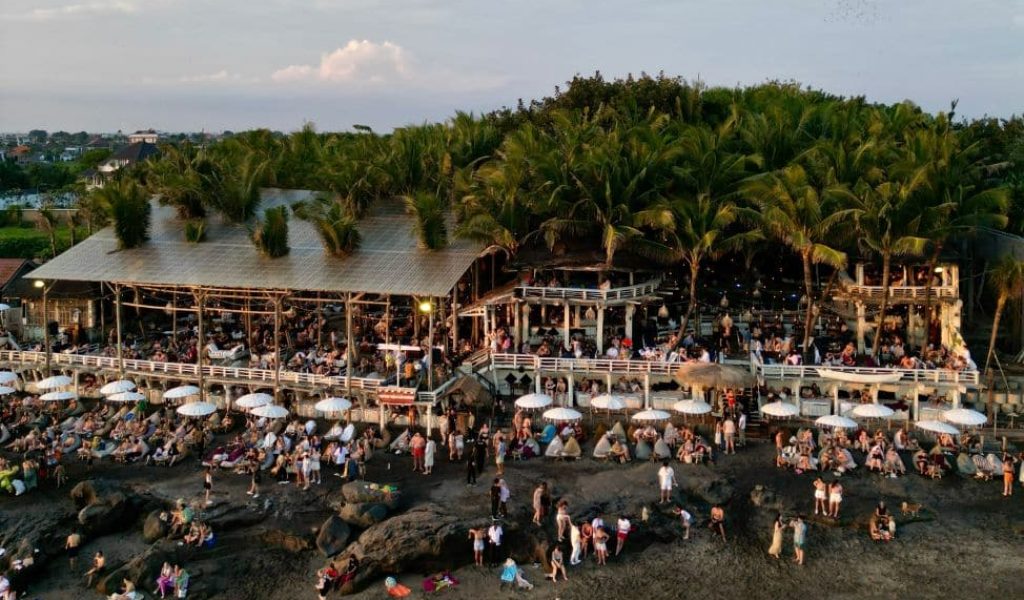 Aerial drone view of La Brisa Beach Club on Echo Beach, Bali