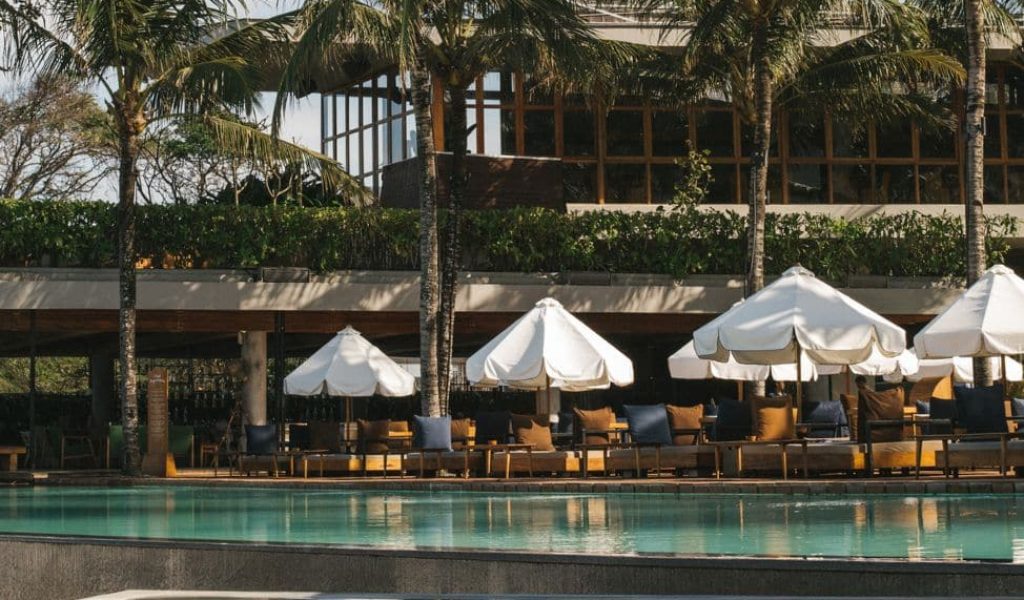 Infinity pool at Potato Head Beach Club with sunset view in Seminyak, Bali
